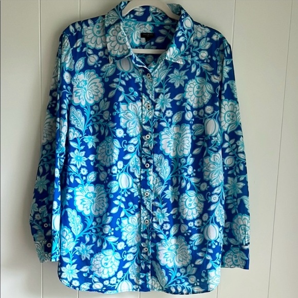 Talbots Plus Blue & White Casual Button Down Floral Beach Cotton Shirt Sz 1X - Picture 2 of 7